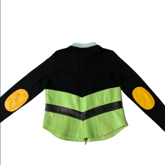 ONE GIRL WHO Multicolor Chevron Leather Patch & Knit Zip Jacket Shacket Sweater - Picture 8 of 12